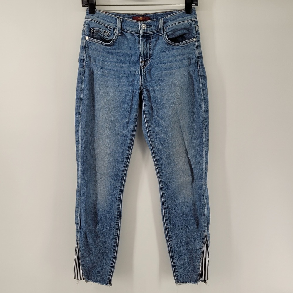 7 For All Mankind Skinny Jeans Womens 26 Blue Raw Hem‎ Striped Ankle Detail